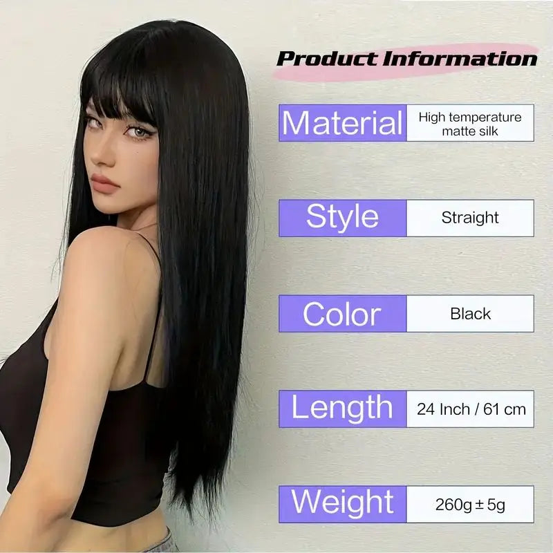 Long Synthetic Wig With Black, Smooth and Natural Bangs, Long Straight Hair. Women's Daily Cosplay With Full Headgear