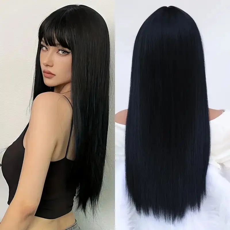 Long Synthetic Wig With Black, Smooth and Natural Bangs, Long Straight Hair. Women's Daily Cosplay With Full Headgear