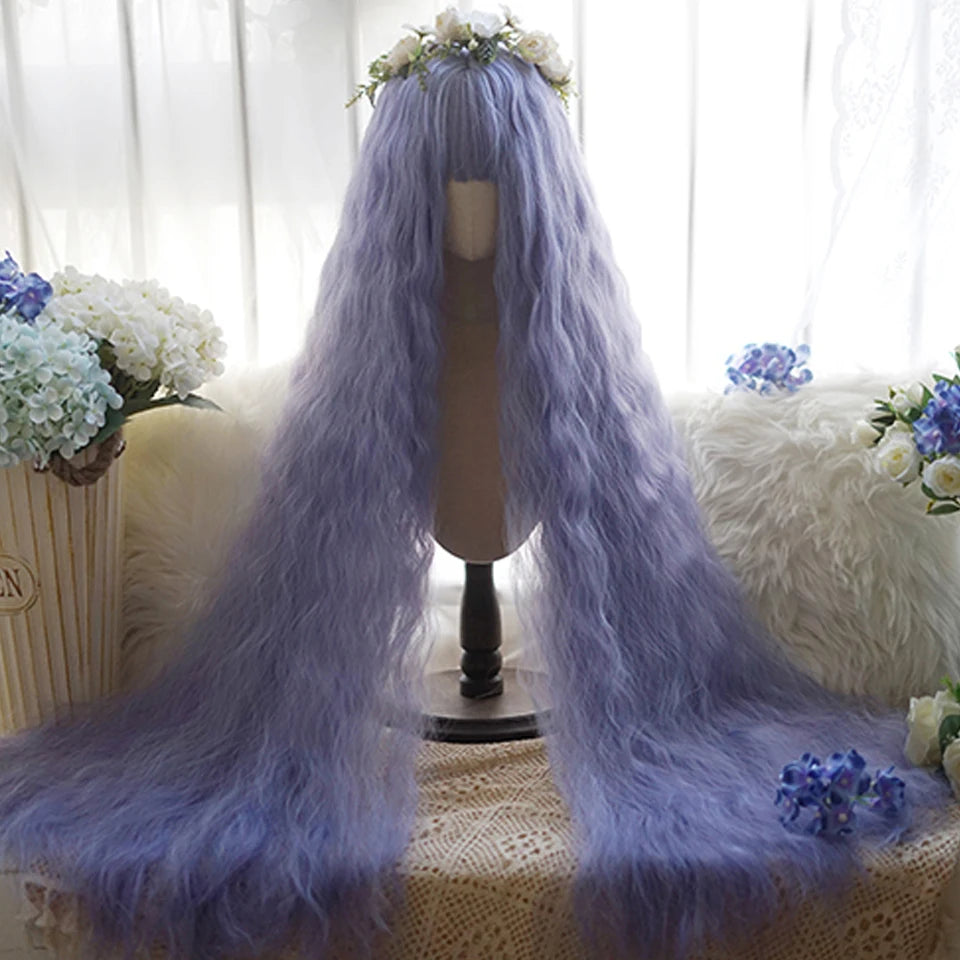 120cm Long Wavy Hair Synthetic Wigs Female Red Brown Coaplay Lolita Wig With Bangs Natural Hair Wigs Women Heat Fesistant  Fiber