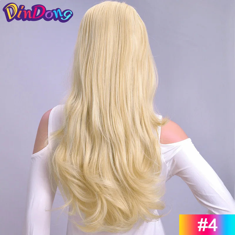 24 Inch Synthetic Long Wavy Head Tied  3/4 Half Wigs for Women With Clips In, Hair Extension Blonde Wigs