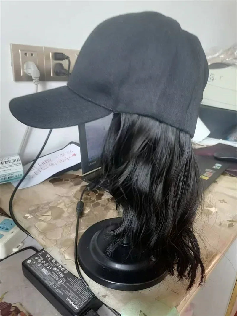 New Fashion Hat Hair Extensions Medium Long Ladies Curly Wigs Hats Connected Head Cover Synthetic Peaked Cap Wig For Women