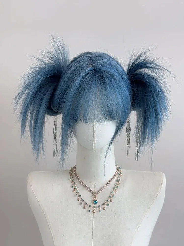 Long Straight Hair Cosplay Synthetic Wig Women Girls Cute Blue Wig With Bangs
