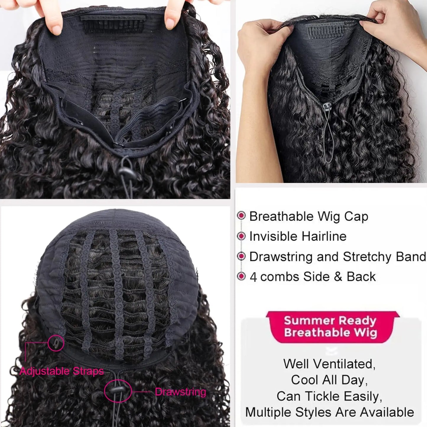 Half Wig Human Hair 250% Density Curly Deep Wave Wig for Women Glueless Wear And Go Wigs Beginner Friendly With Drawstring