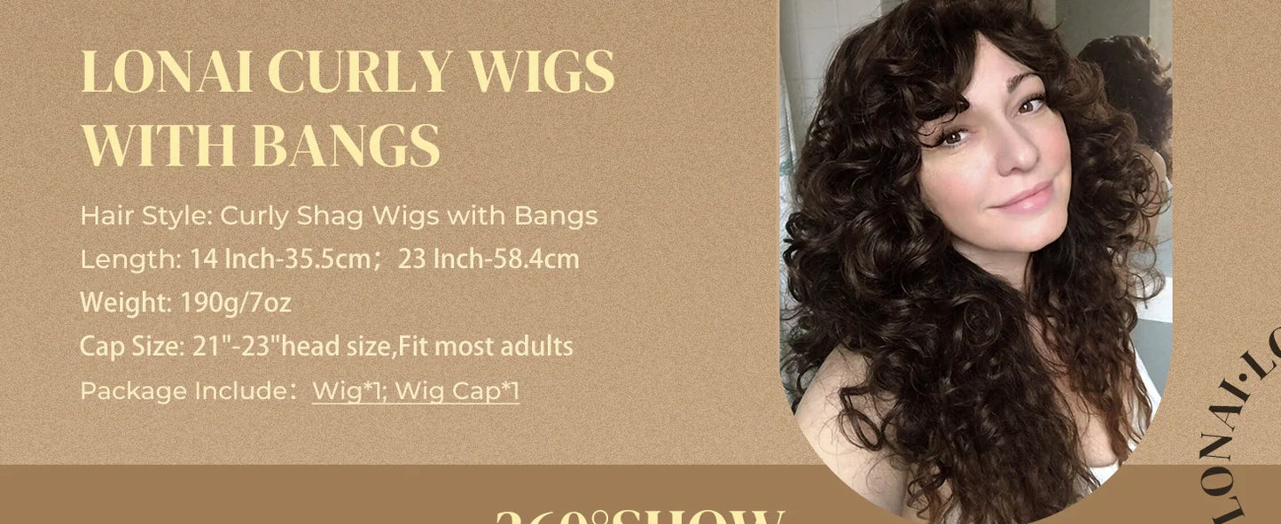 Curly Wig with Bangs for Women Long 16Inch Kinky Wigs with Wispy Bangs for Daily Use Party Cosplay-Chocolate Brown