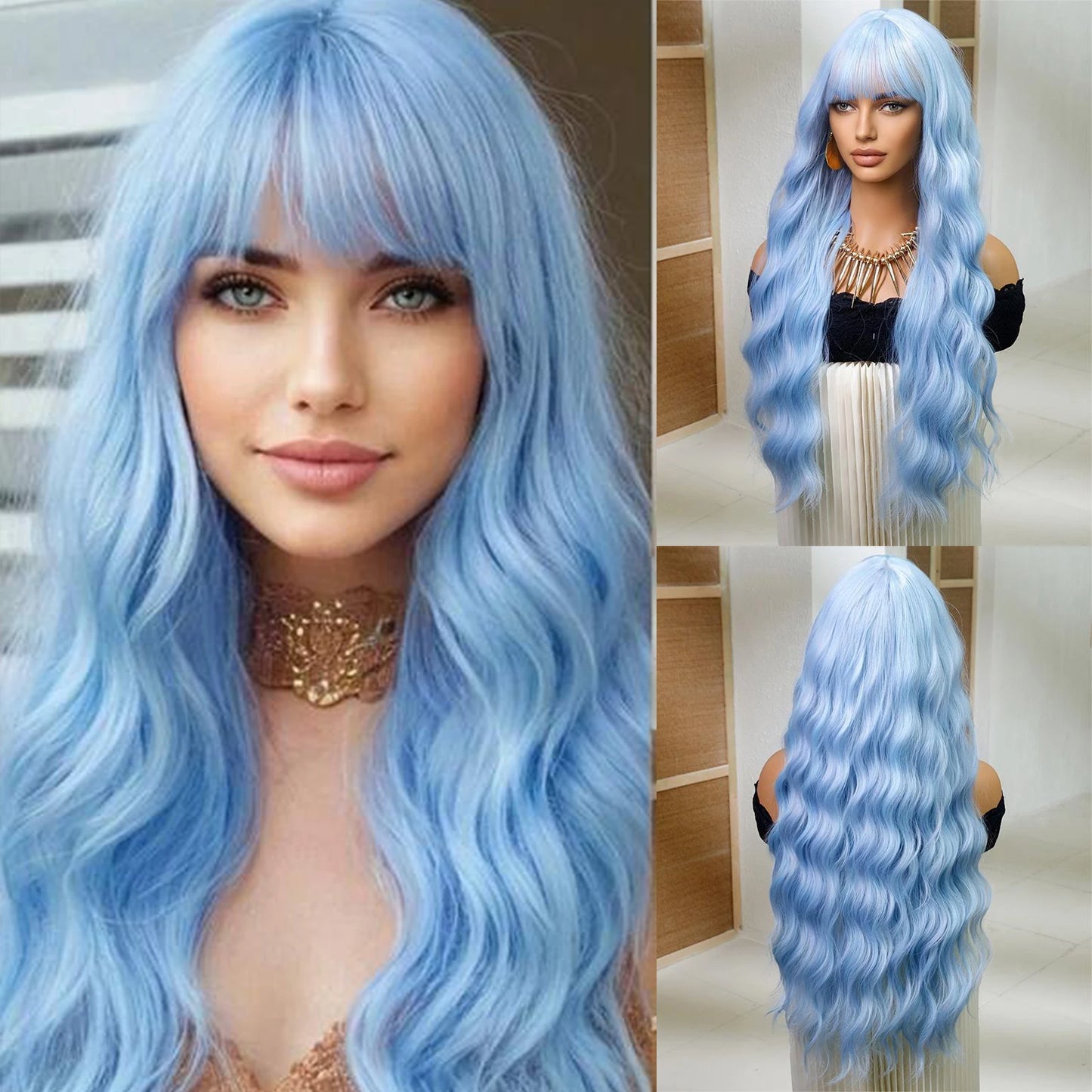 Long Wavy Synthetic Wigs for Women Ombre Brown Blonde Curly Wigs With Bangs Daily Cosplay Party Fake Hair Heat Resistant