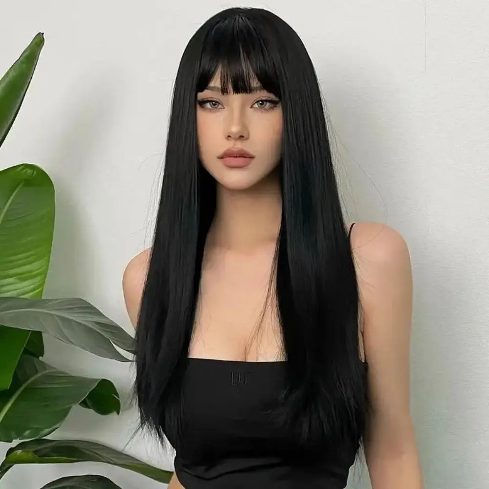 Long Synthetic Wig With Black, Smooth and Natural Bangs, Long Straight Hair. Women's Daily Cosplay With Full Headgear