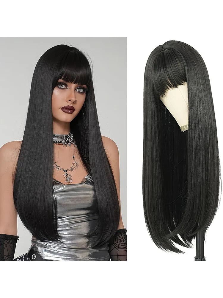 26" Long Straight Synthetic Wig for Women with Bangs - Heat Resistant, Natural Soft Hair