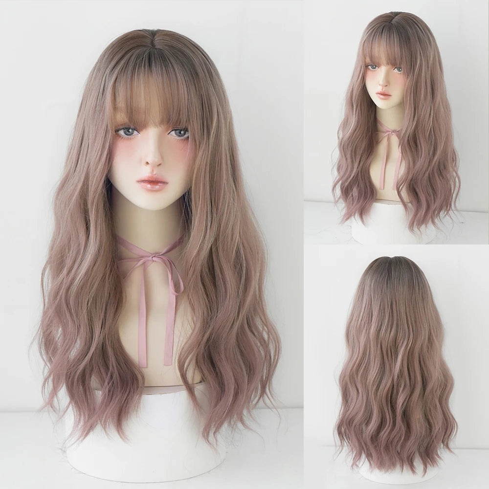 Long Curly Hair Women Wig with Bangs Daily Brown Black Pink Lolita Cosplay Braided Wigs Heat Resistant Fiber Party Fake Hair