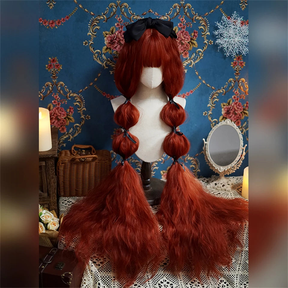 110cm Long Wavy Hair Synthetic Wigs Female Red Brown Coaplay Lolita Wig With Bangs Natural Hair Wigs Women Heat Fesistant Fiber