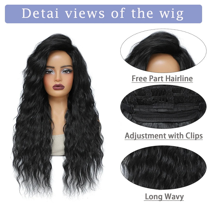 Long Curly Hair Wigs for Women 28 Inch Black Water Wave Free Part Wig Synthetic Heat Resistant Fiber Wave Wig Cosplay Daily Use