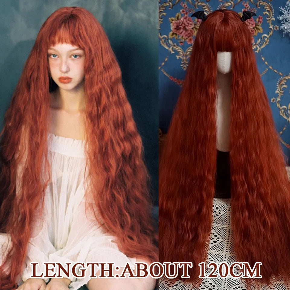 120cm Long Wavy Hair Synthetic Wigs Female Red Brown Coaplay Lolita Wig With Bangs Natural Hair Wigs Women Heat Fesistant  Fiber