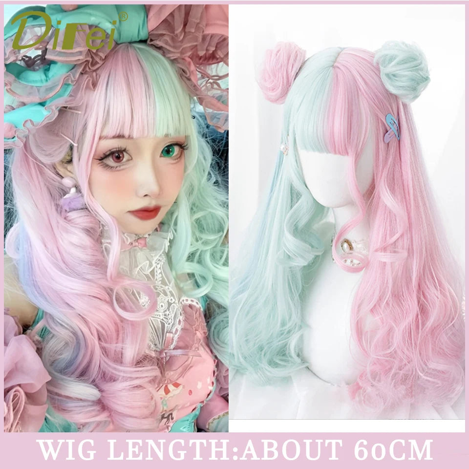 120cm Long Wavy Hair Synthetic Wigs Female Red Brown Coaplay Lolita Wig With Bangs Natural Hair Wigs Women Heat Fesistant  Fiber