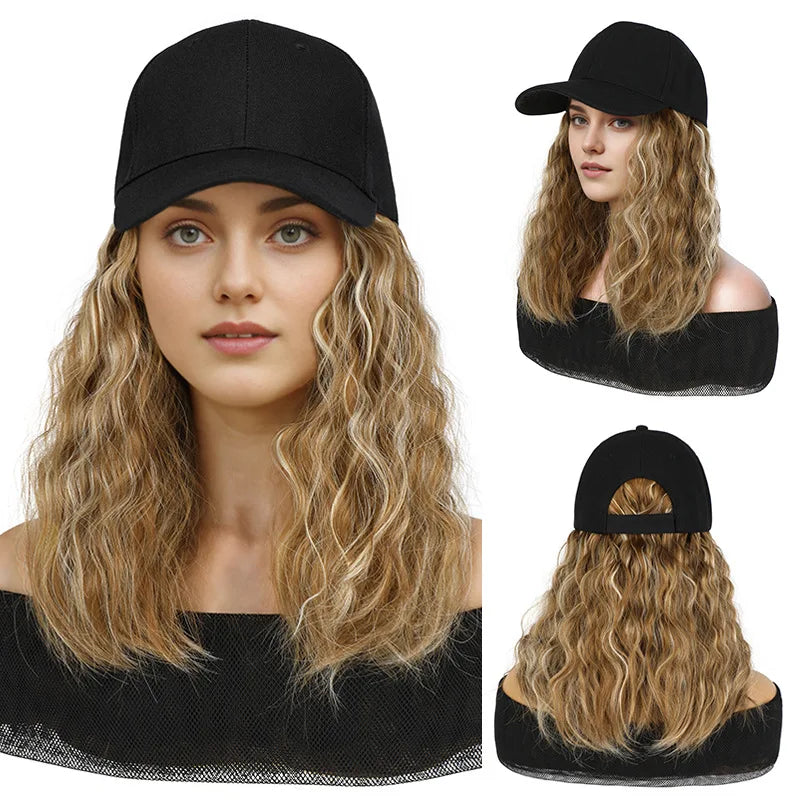 New Fashion Hat Hair Extensions Medium Long Ladies Curly Wigs Hats Connected Head Cover Synthetic Peaked Cap Wig For Women