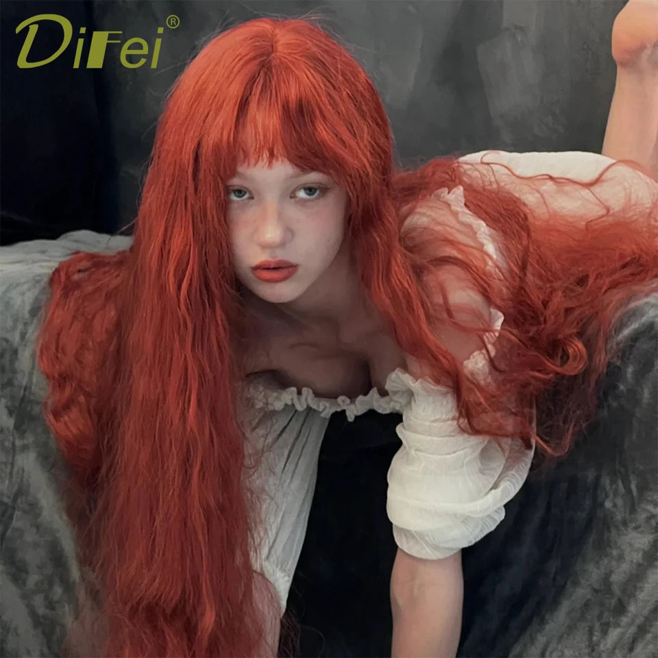 120cm Long Wavy Hair Synthetic Wigs Female Red Brown Coaplay Lolita Wig With Bangs Natural Hair Wigs Women Heat Fesistant  Fiber