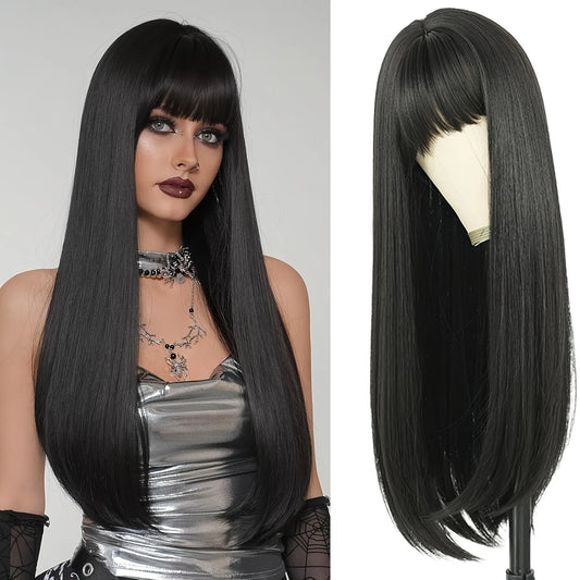 26" Long Straight Synthetic Wig for Women with Bangs - Heat Resistant, Natural Soft Hair