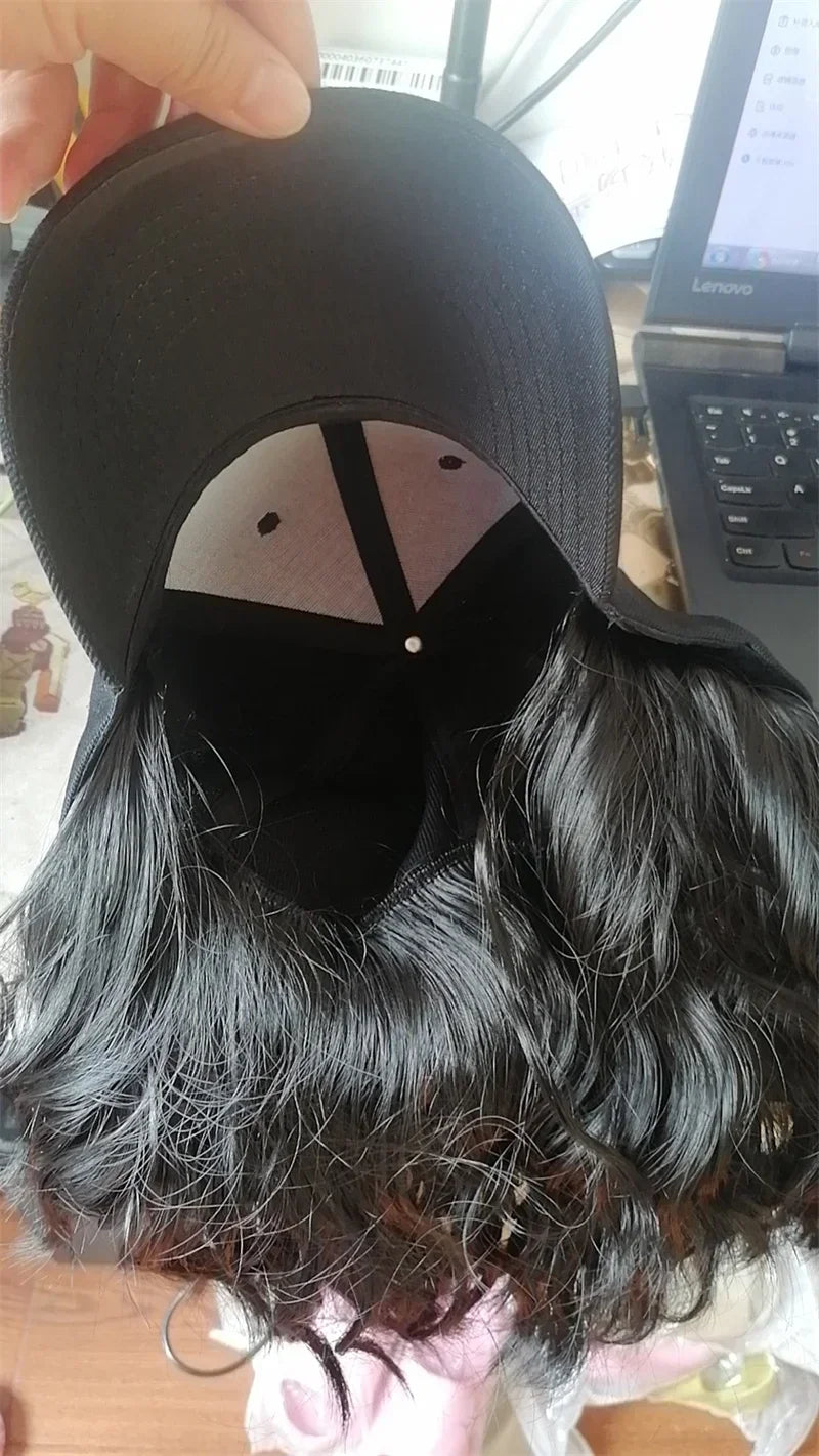 New Fashion Hat Hair Extensions Medium Long Ladies Curly Wigs Hats Connected Head Cover Synthetic Peaked Cap Wig For Women