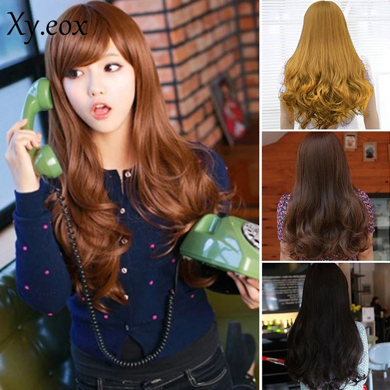 Women Long Curly Wavy Full Wig Gold Black Brown Hair Cosplay Party Wig