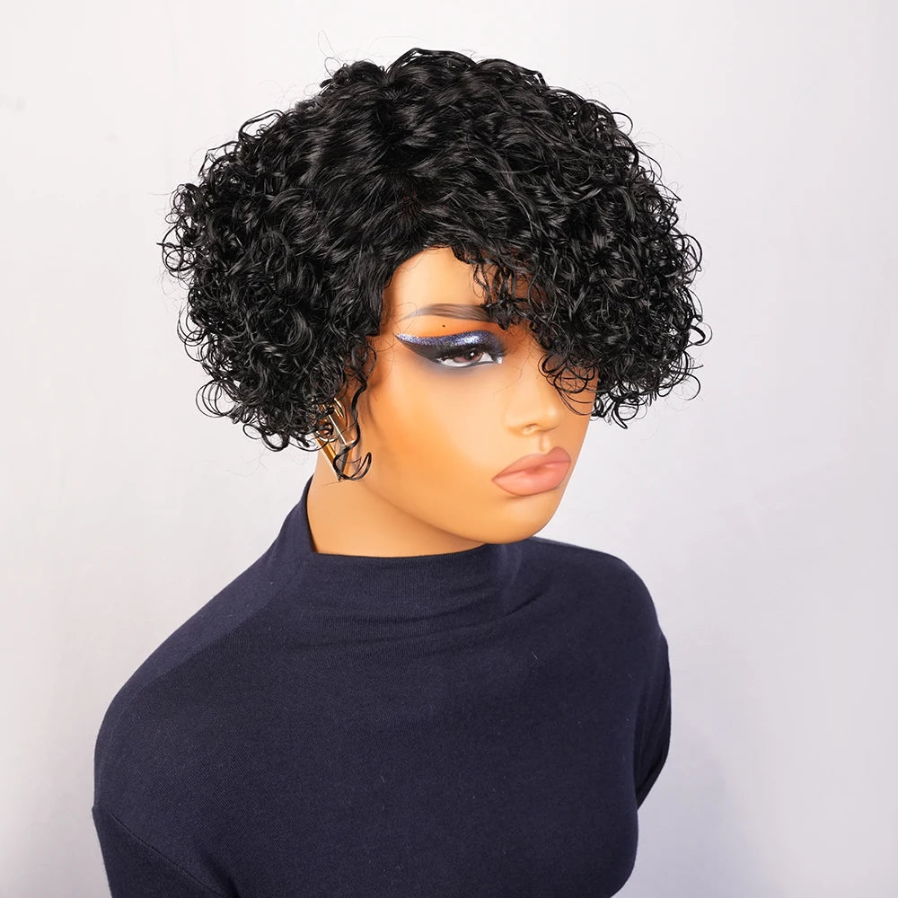 Kinky Curly Human Hair Wig Short Pixie Cut for Women with Bangs Brazilian Hair Machine Made Natural Look Side Part Daily Wear