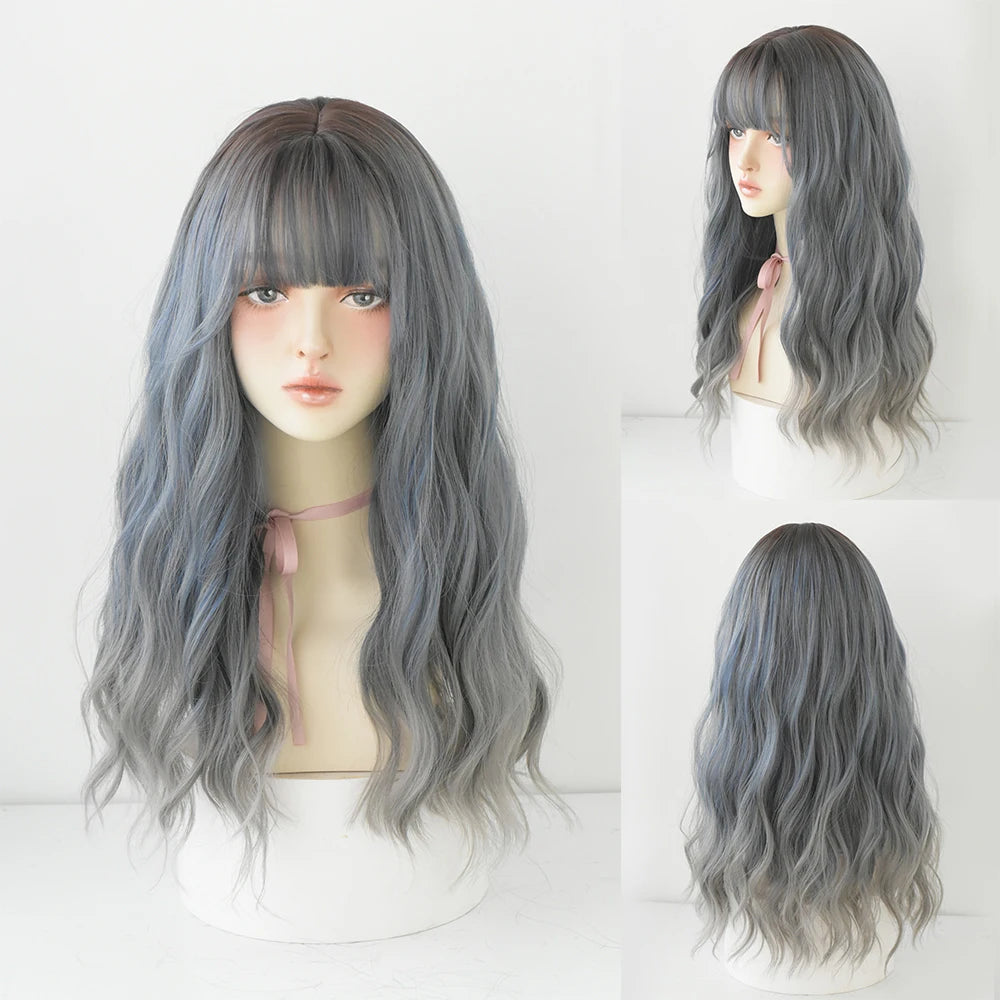 Long Curly Hair Women Wig with Bangs Daily Brown Black Pink Lolita Cosplay Braided Wigs Heat Resistant Fiber Party Fake Hair