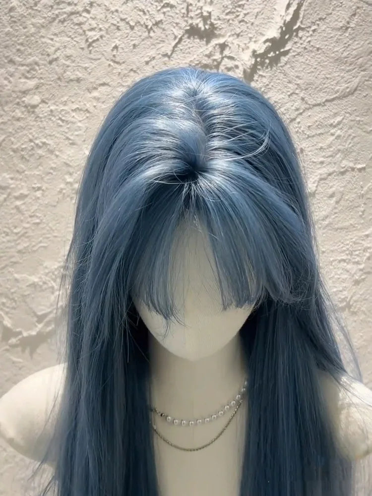 Long Straight Hair Cosplay Synthetic Wig Women Girls Cute Blue Wig With Bangs