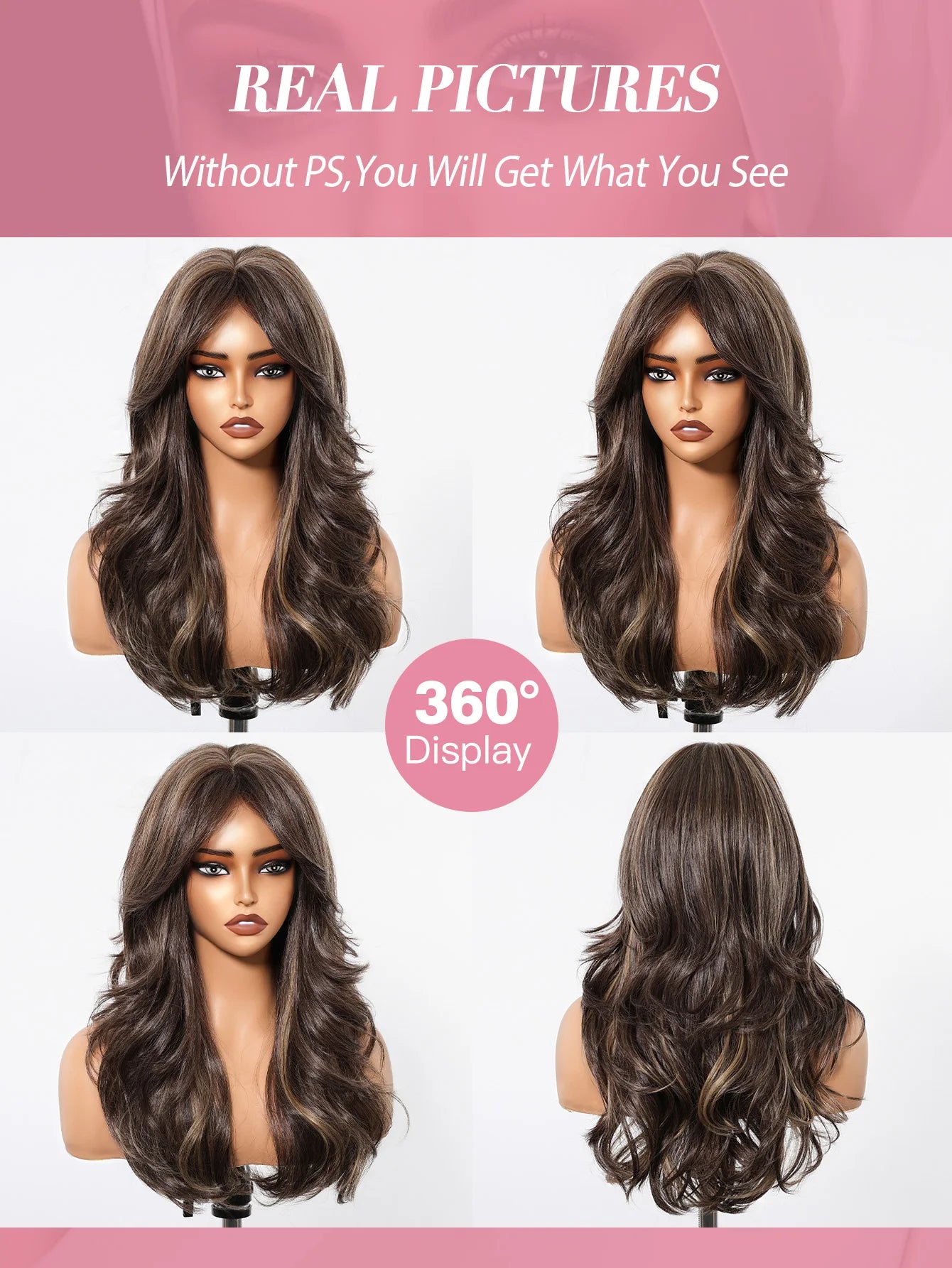 Long Curly Wavy Brown Wigs Highlights Brown Hair Synthetic Wigs For Women Daily Middle Part Natural Looking Wig High Temperature