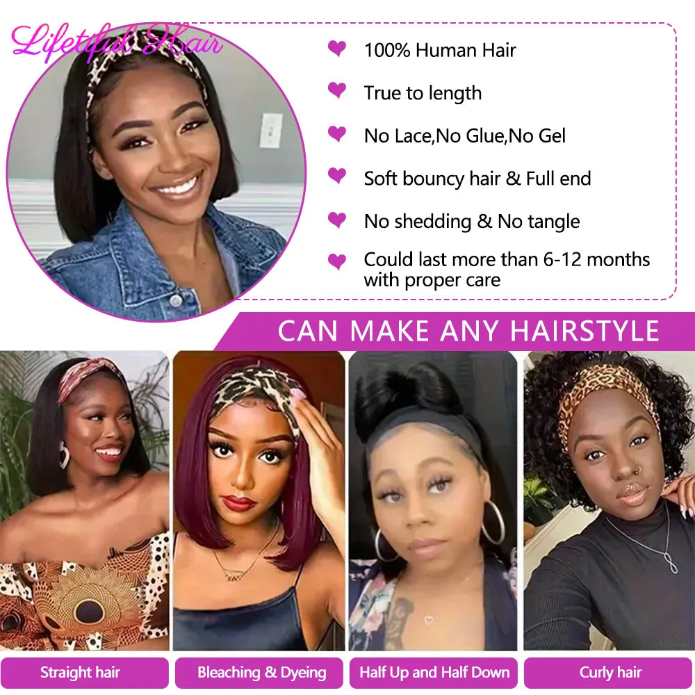 Headband Wigs Human Hair Straight Bob Wigs Human Hair For Women Full Machine Made Brazilian Glueless Wigs Human Hair Ready To Go