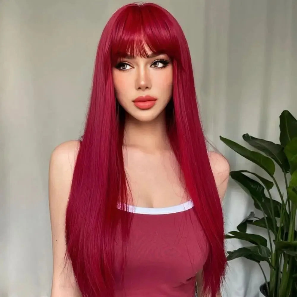 Student Red Wig Women's Long Hair Straight Hair Natural Chemical Fiber Synthetic Wig