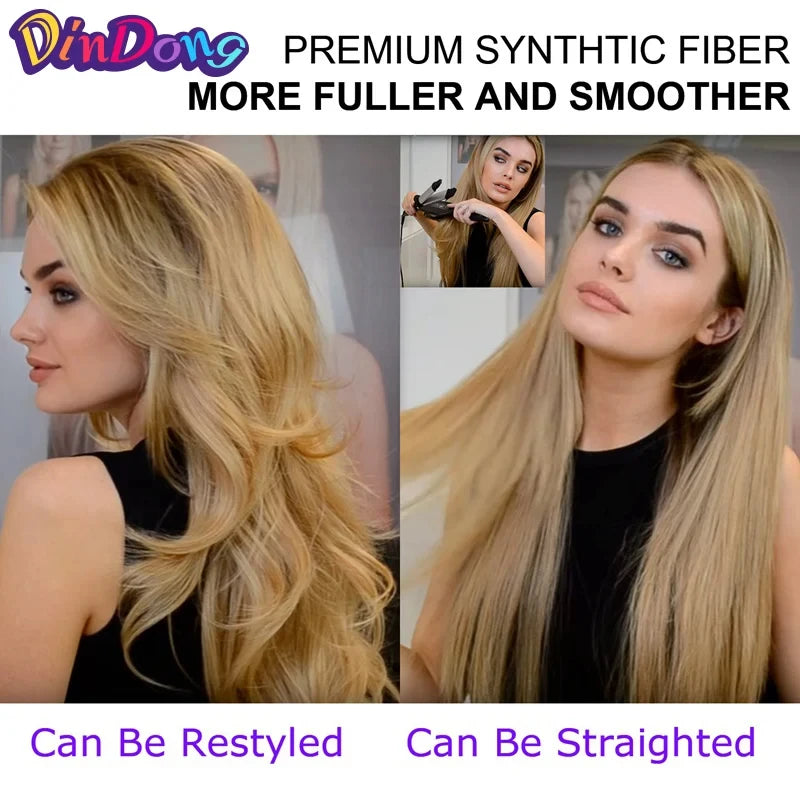 24 Inch Synthetic Long Wavy Head Tied  3/4 Half Wigs for Women With Clips In, Hair Extension Blonde Wigs
