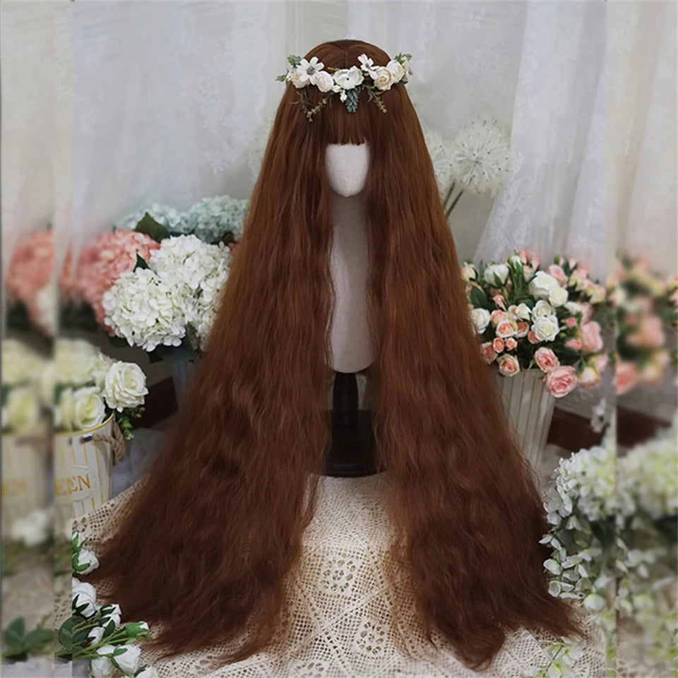 110cm Long Wavy Hair Synthetic Wigs Female Red Brown Coaplay Lolita Wig With Bangs Natural Hair Wigs Women Heat Fesistant Fiber