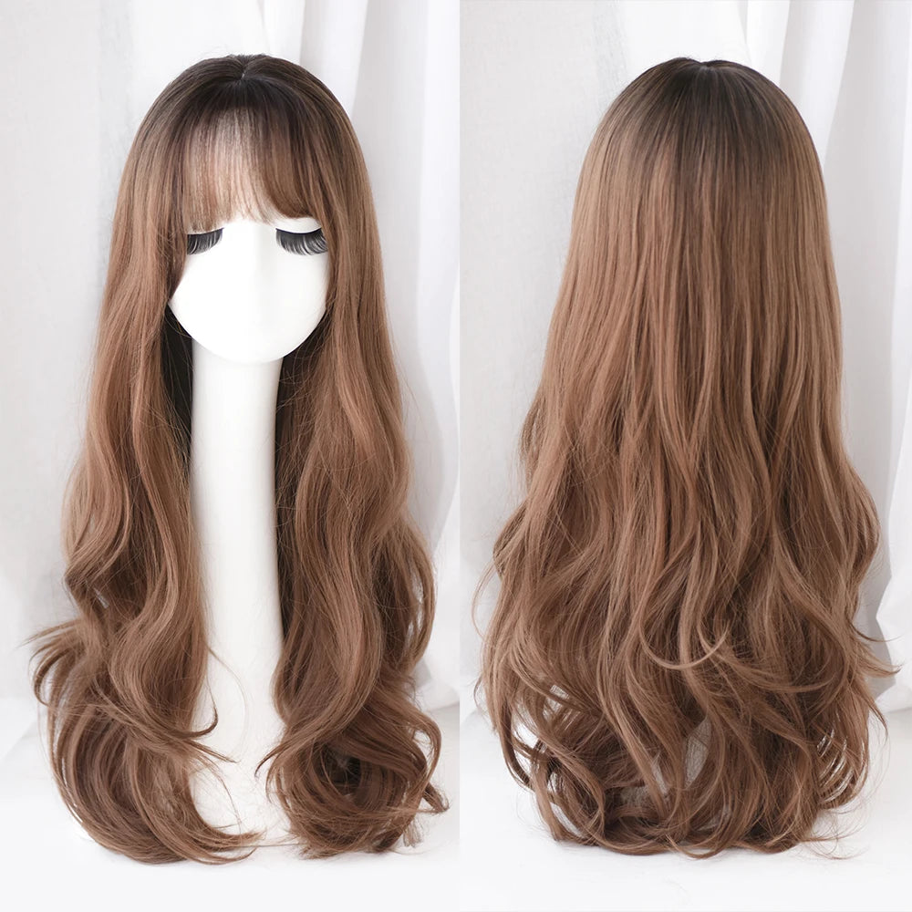 Long Curly Hair Women Wig with Bangs Daily Brown Black Pink Lolita Cosplay Braided Wigs Heat Resistant Fiber Party Fake Hair