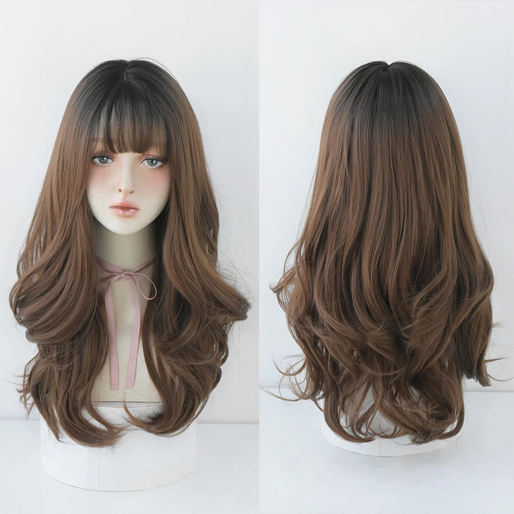 Long Curly Hair Women Wig with Bangs Daily Brown Black Pink Lolita Cosplay Braided Wigs Heat Resistant Fiber Party Fake Hair