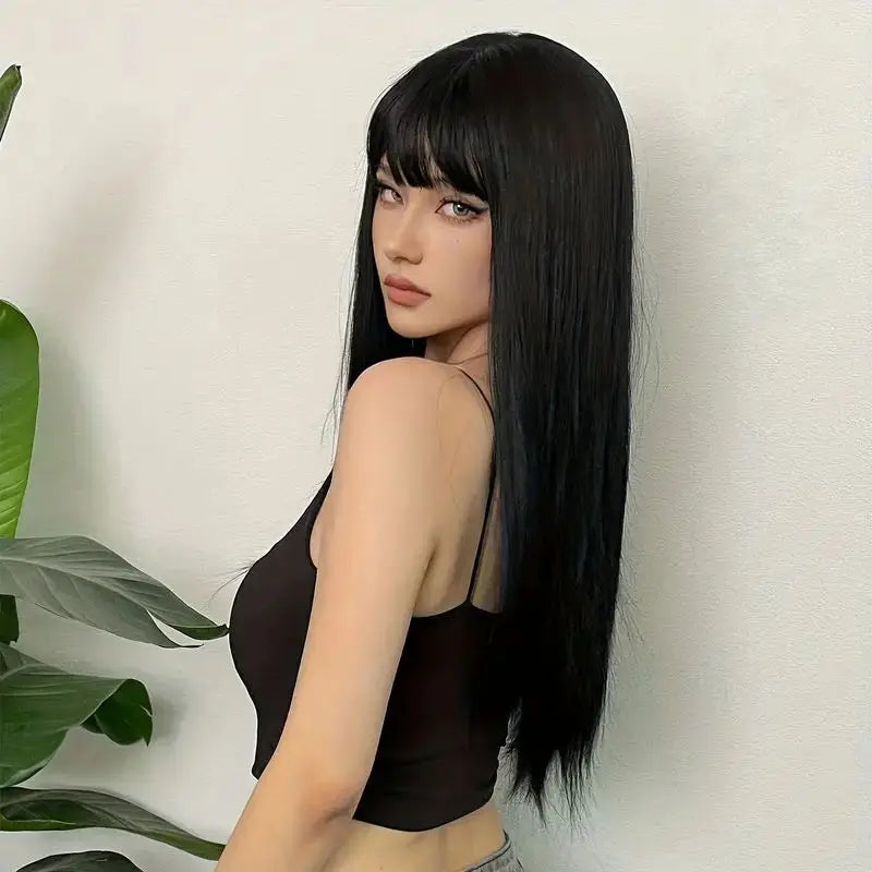 Long Synthetic Wig With Black, Smooth and Natural Bangs, Long Straight Hair. Women's Daily Cosplay With Full Headgear