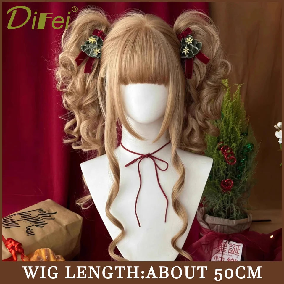 120cm Long Wavy Hair Synthetic Wigs Female Red Brown Coaplay Lolita Wig With Bangs Natural Hair Wigs Women Heat Fesistant  Fiber