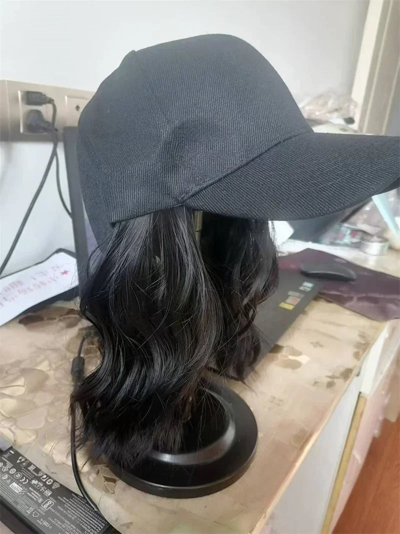 New Fashion Hat Hair Extensions Medium Long Ladies Curly Wigs Hats Connected Head Cover Synthetic Peaked Cap Wig For Women