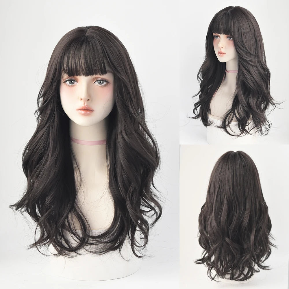 Long Curly Hair Women Wig with Bangs Daily Brown Black Pink Lolita Cosplay Braided Wigs Heat Resistant Fiber Party Fake Hair