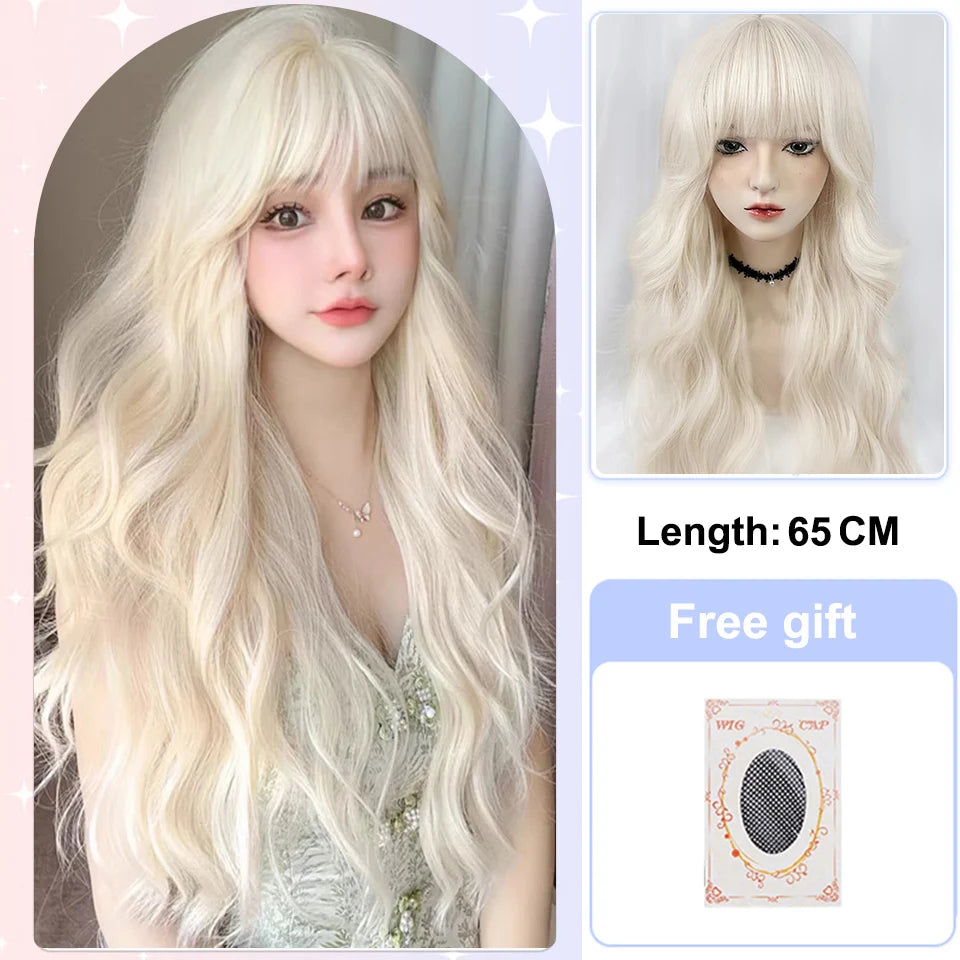 BEAUTYENTER Long Wavy Blonde Synthetic Wigs with Bangs for Women Natural Wave Cosplay Party Daily Use Hair Wigs Heat Resistant