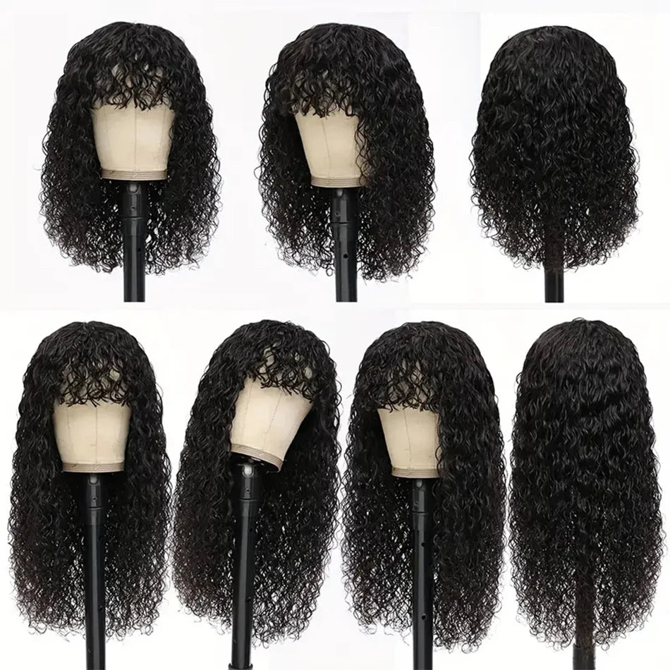 Long Water Wave Wigs For Black Women Malaysian Curly Human Hair Wigs With Bangs Full Machine Made Wigs Cheap Remy Human Hair Wig