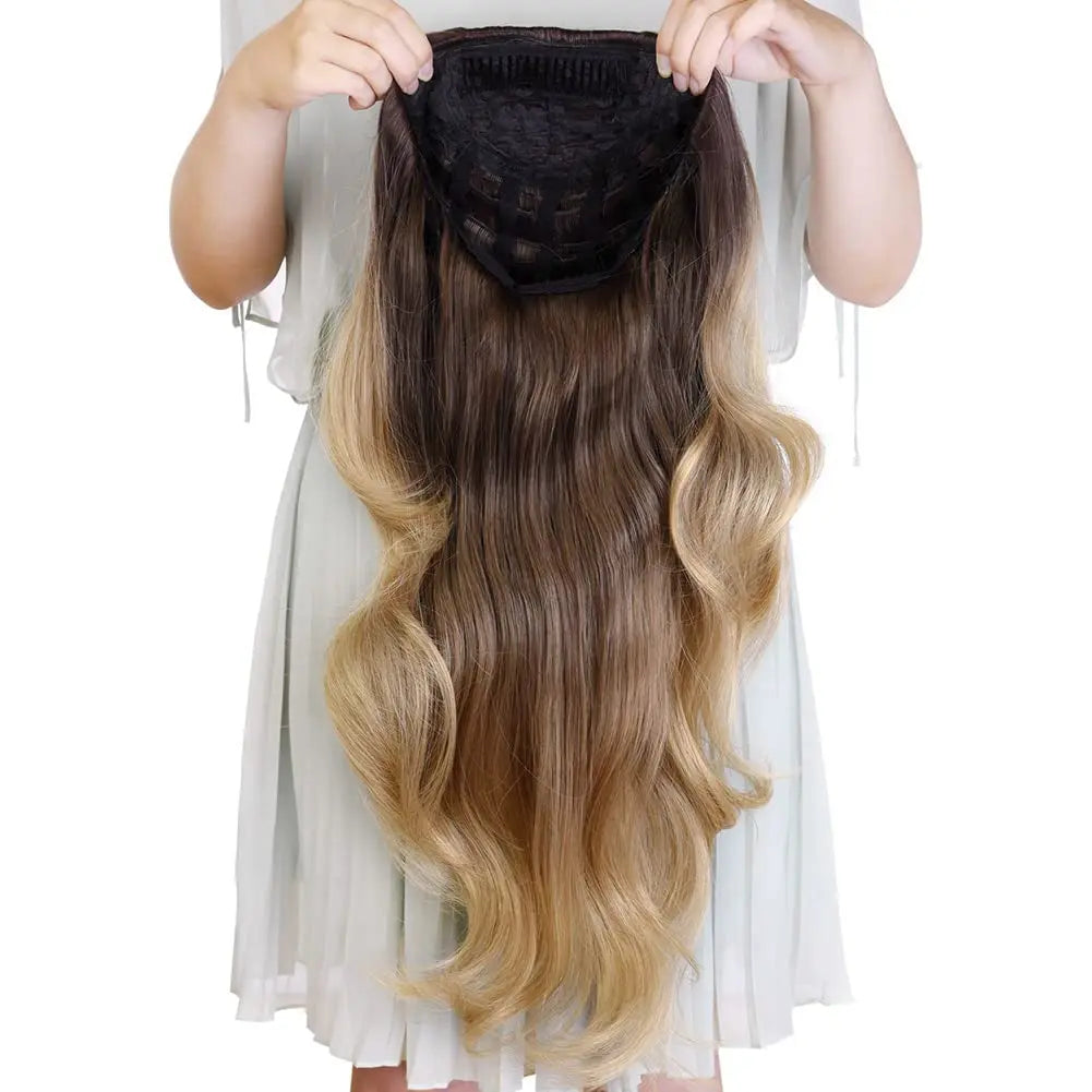 24 Inch Synthetic Long Wavy Head Tied  3/4 Half Wigs for Women With Clips In, Hair Extension Blonde Wigs