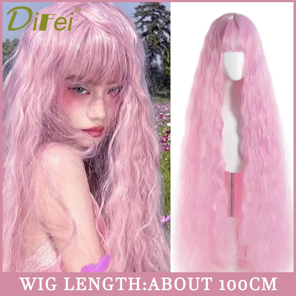 120cm Long Wavy Hair Synthetic Wigs Female Red Brown Coaplay Lolita Wig With Bangs Natural Hair Wigs Women Heat Fesistant  Fiber