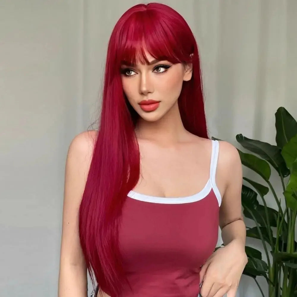 Student Red Wig Women's Long Hair Straight Hair Natural Chemical Fiber Synthetic Wig