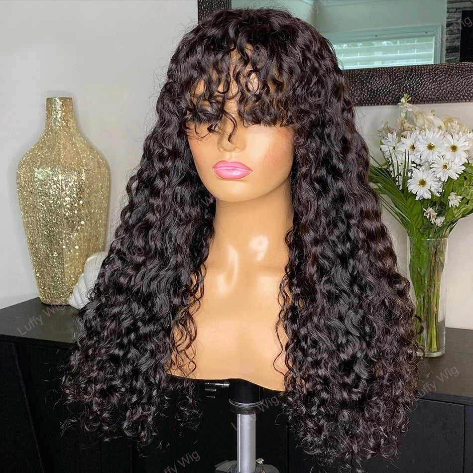 Long Water Wave Wigs For Black Women Malaysian Curly Human Hair Wigs With Bangs Full Machine Made Wigs Cheap Remy Human Hair Wig