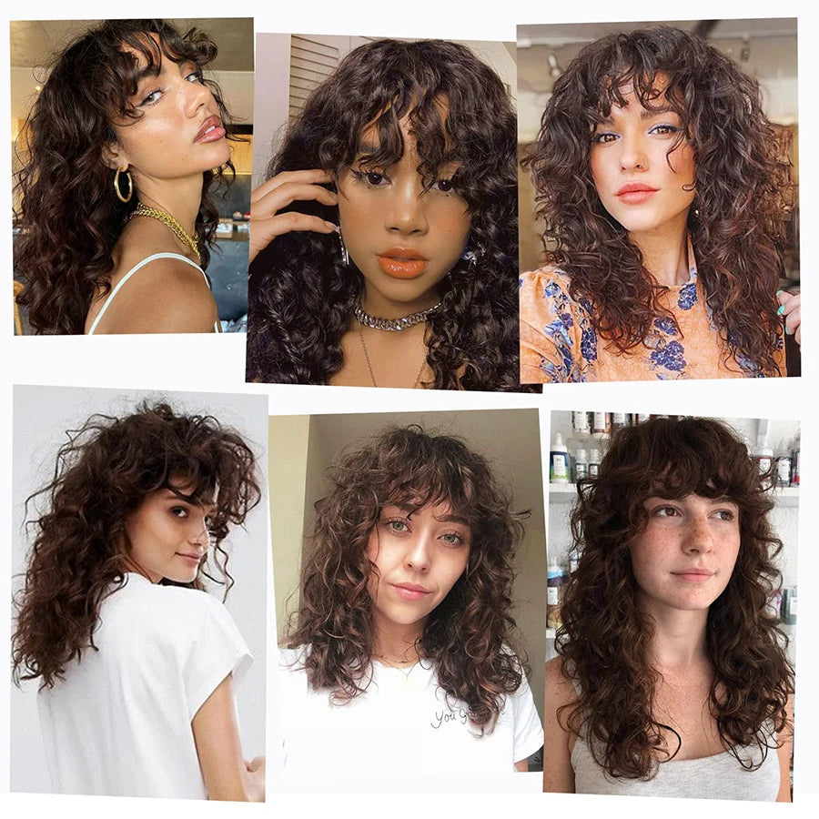 Curly Wig with Bangs for Women Long 16Inch Kinky Wigs with Wispy Bangs for Daily Use Party Cosplay-Chocolate Brown