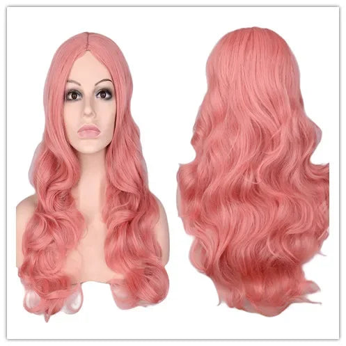QQXCAIW Women Long Wavy Wig Cosplay Black Red Pink Blonde Light Brown Dark Brown Heat Resistant Synthetic Hair Wigs
