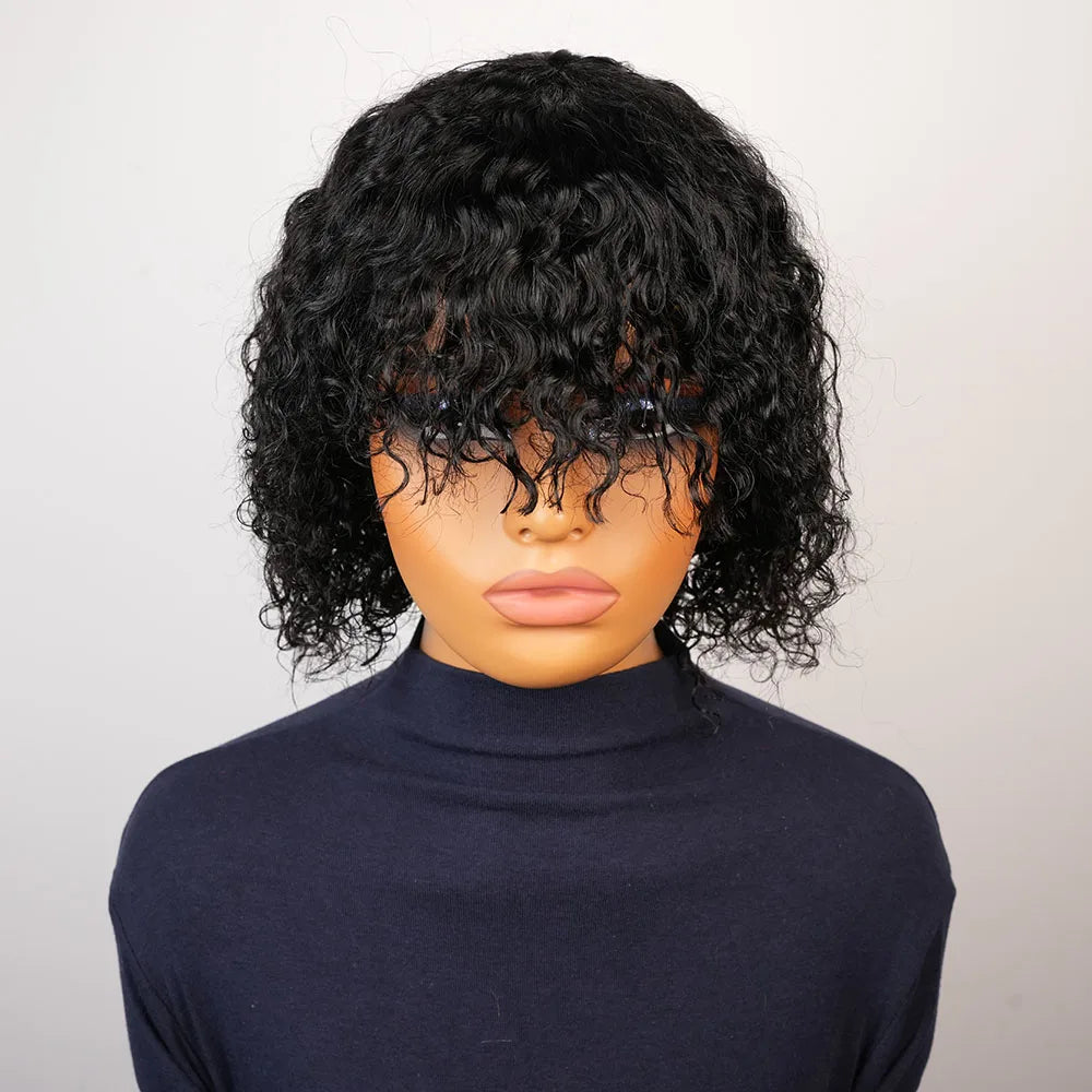 Kinky Curly Human Hair Wig with Bangs for Women Black 99J Burgundy Glueless Short Water Wave Curly Bob Wigs Human Hair with Bang