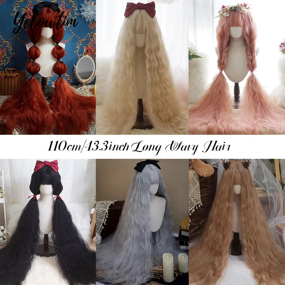 110cm Long Wavy Hair Synthetic Wigs Female Red Brown Coaplay Lolita Wig With Bangs Natural Hair Wigs Women Heat Fesistant Fiber