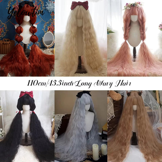 110cm Long Wavy Hair Synthetic Wigs Female Red Brown Coaplay Lolita Wig With Bangs Natural Hair Wigs Women Heat Fesistant Fiber