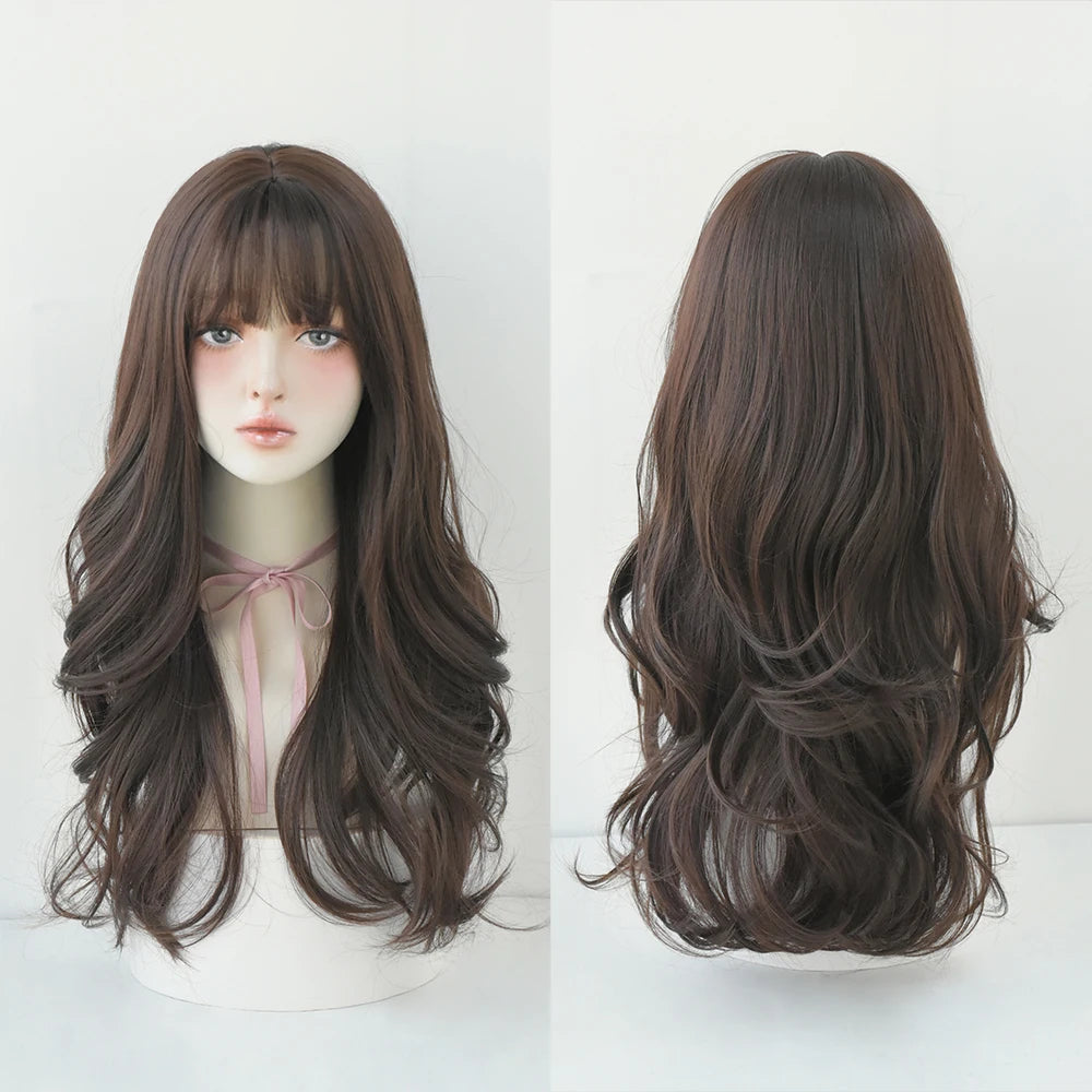 Long Curly Hair Women Wig with Bangs Daily Brown Black Pink Lolita Cosplay Braided Wigs Heat Resistant Fiber Party Fake Hair