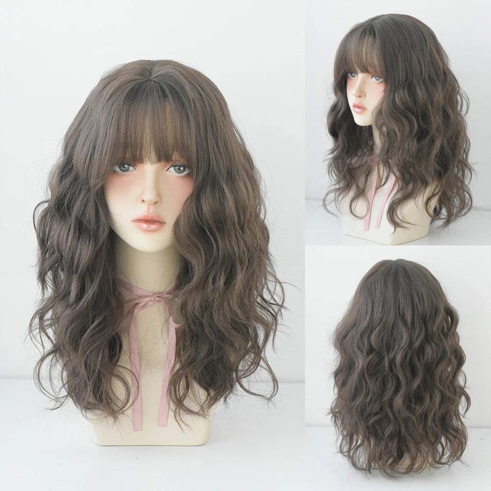 Long Curly Hair Women Wig with Bangs Daily Brown Black Pink Lolita Cosplay Braided Wigs Heat Resistant Fiber Party Fake Hair