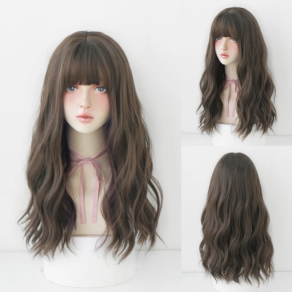 Long Curly Hair Women Wig with Bangs Daily Brown Black Pink Lolita Cosplay Braided Wigs Heat Resistant Fiber Party Fake Hair