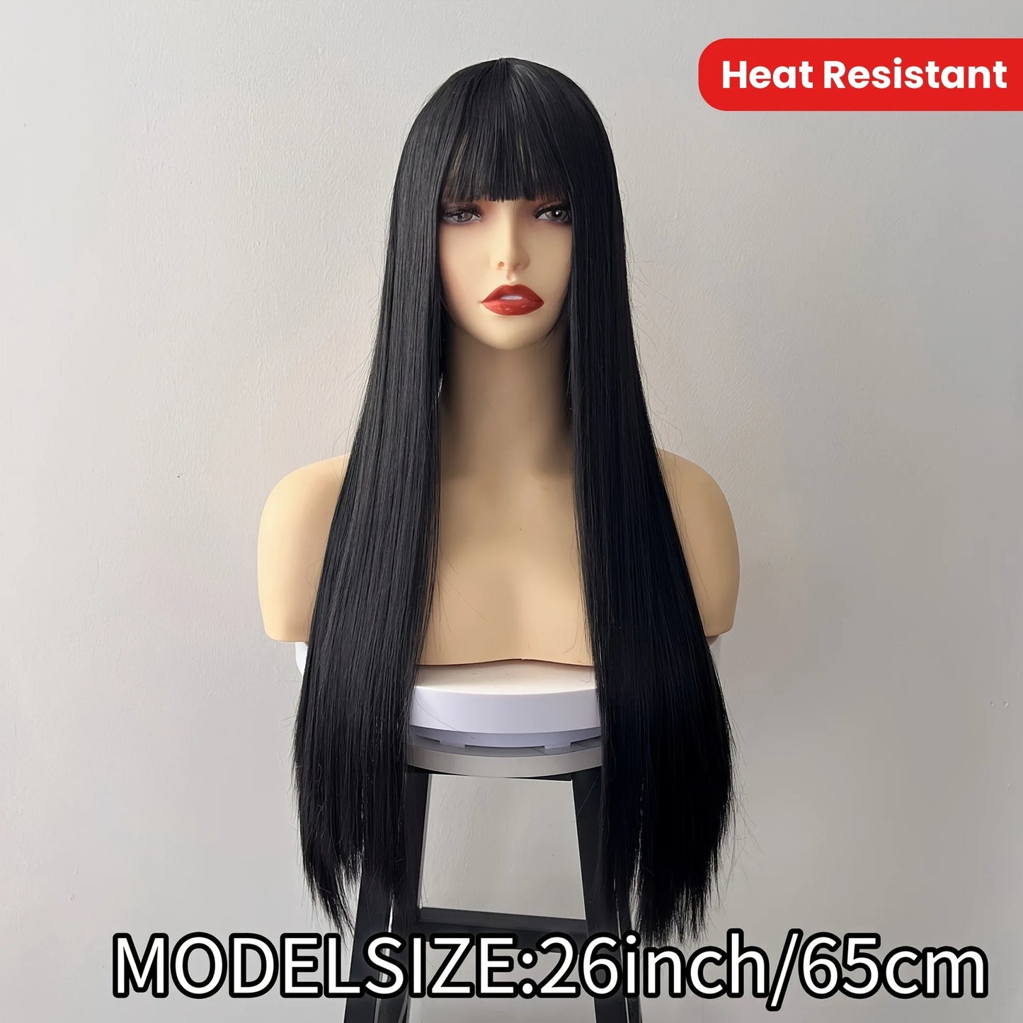 26" Long Straight Synthetic Wig for Women with Bangs - Heat Resistant, Natural Soft Hair